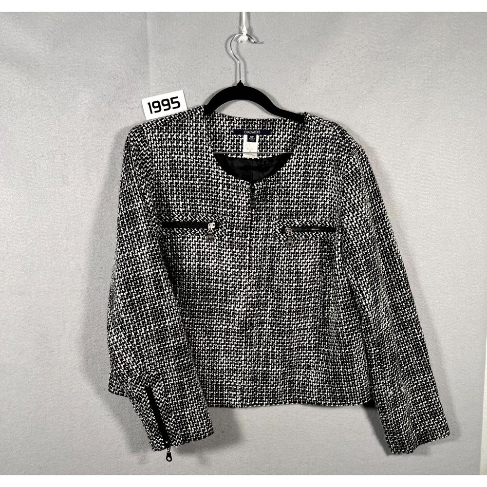 Chadwicks Blazer Jacket Womens 12P Black White Tweed Textured‎ Acrylic Full Zip